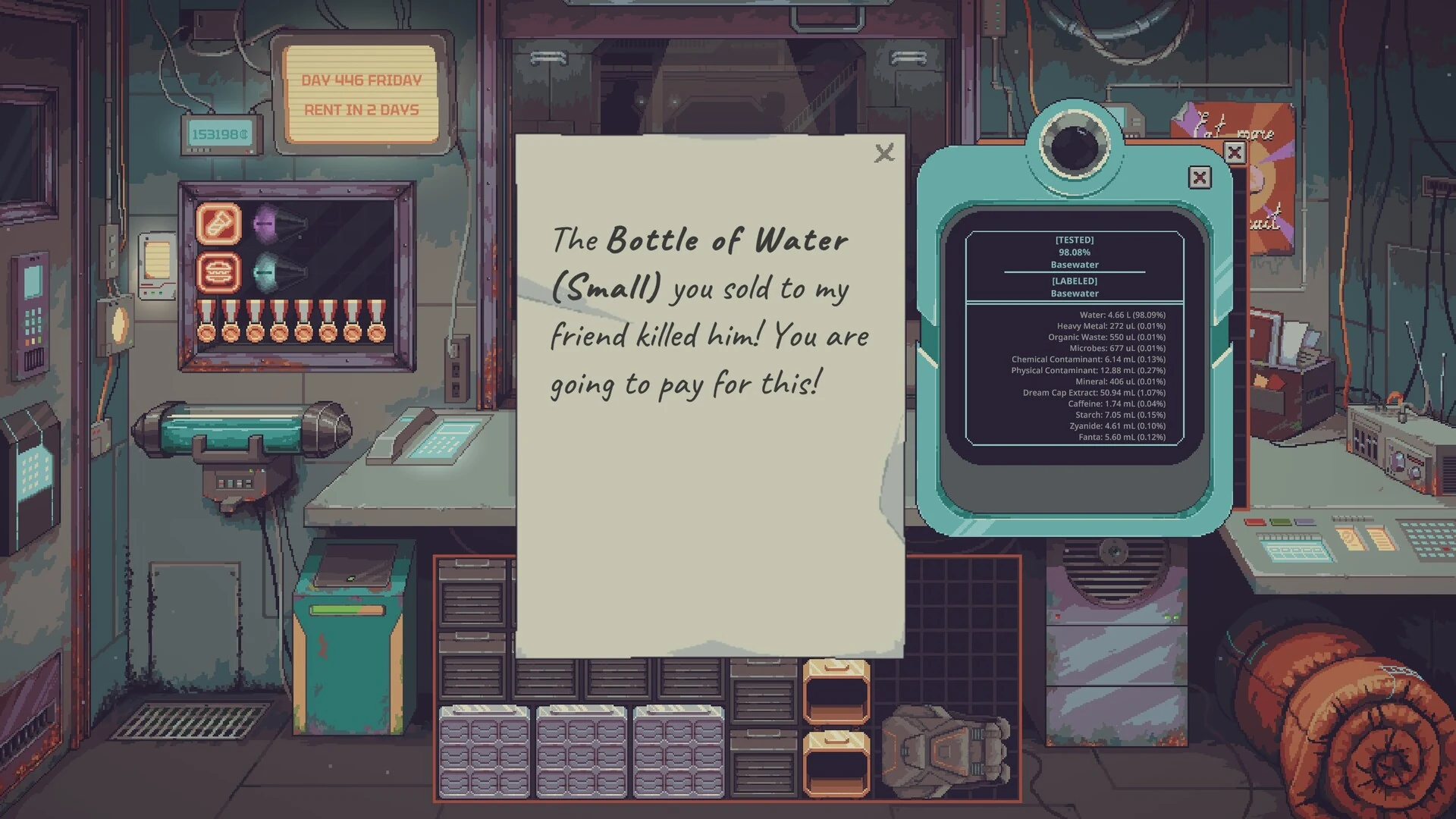 A handwritten note says a bottle of water sold at the shop killed the writer's friend, next to a water test readout