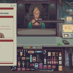 A Security Department guide lists the visual and behavior signs of an augmented human while a customer waits at the counter