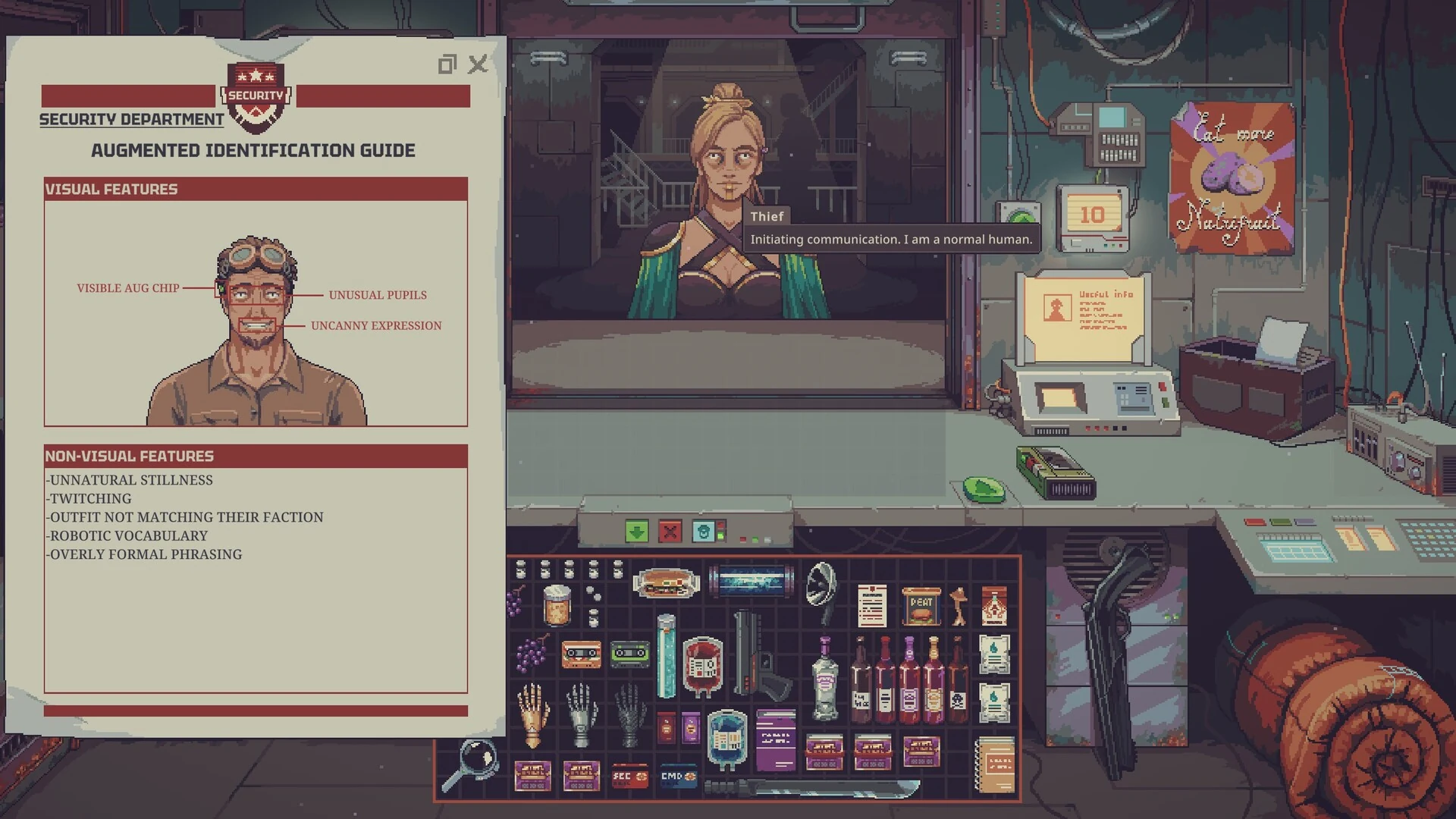 A Security Department guide lists the visual and behavior signs of an augmented human while a customer waits at the counter