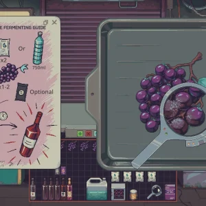A recipe guide for fermenting bloomberry wine sits beside a magnifying glass inspecting a bunch of purple berries
