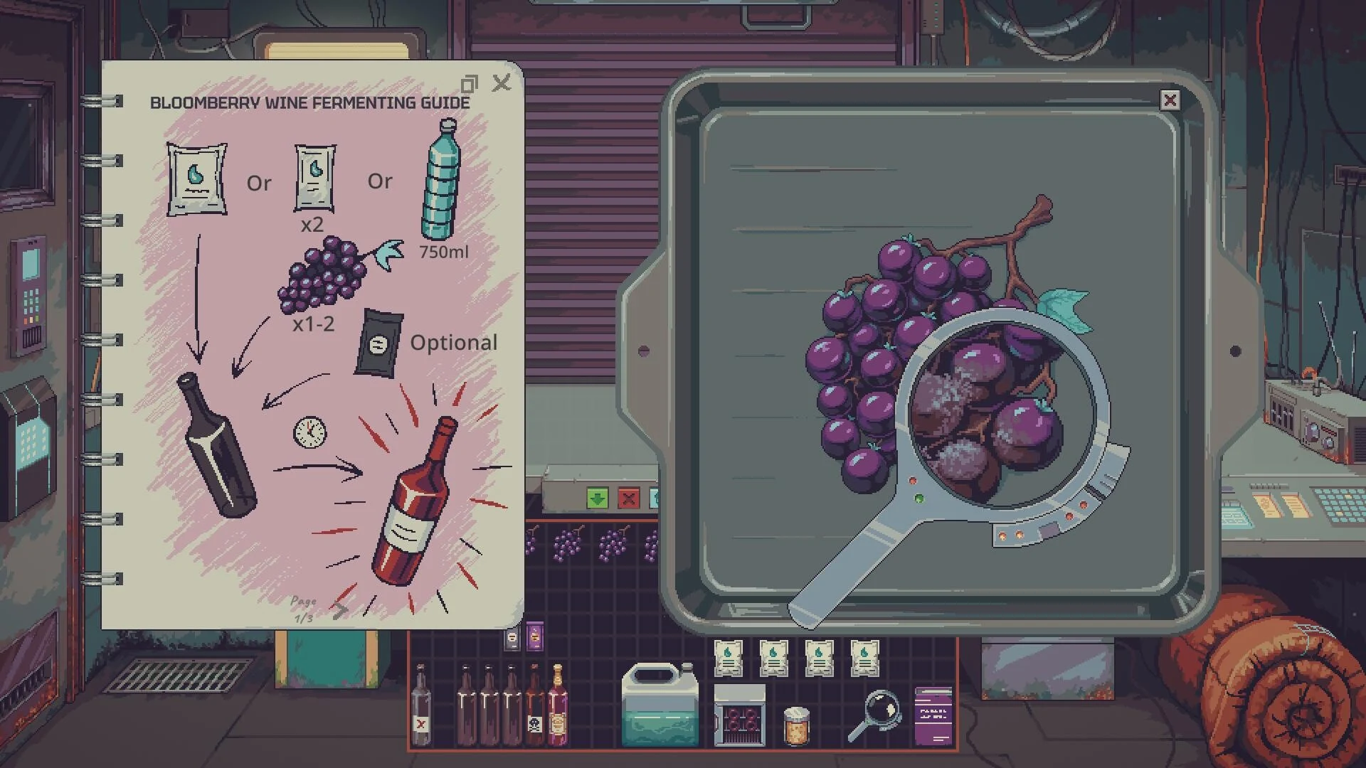 A recipe guide for fermenting bloomberry wine sits beside a magnifying glass inspecting a bunch of purple berries