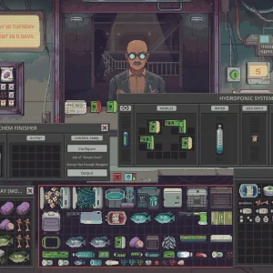 A chem finisher, a hydroponic system and a chemist storage bay are open on screen while a customer in goggles waits at the counter