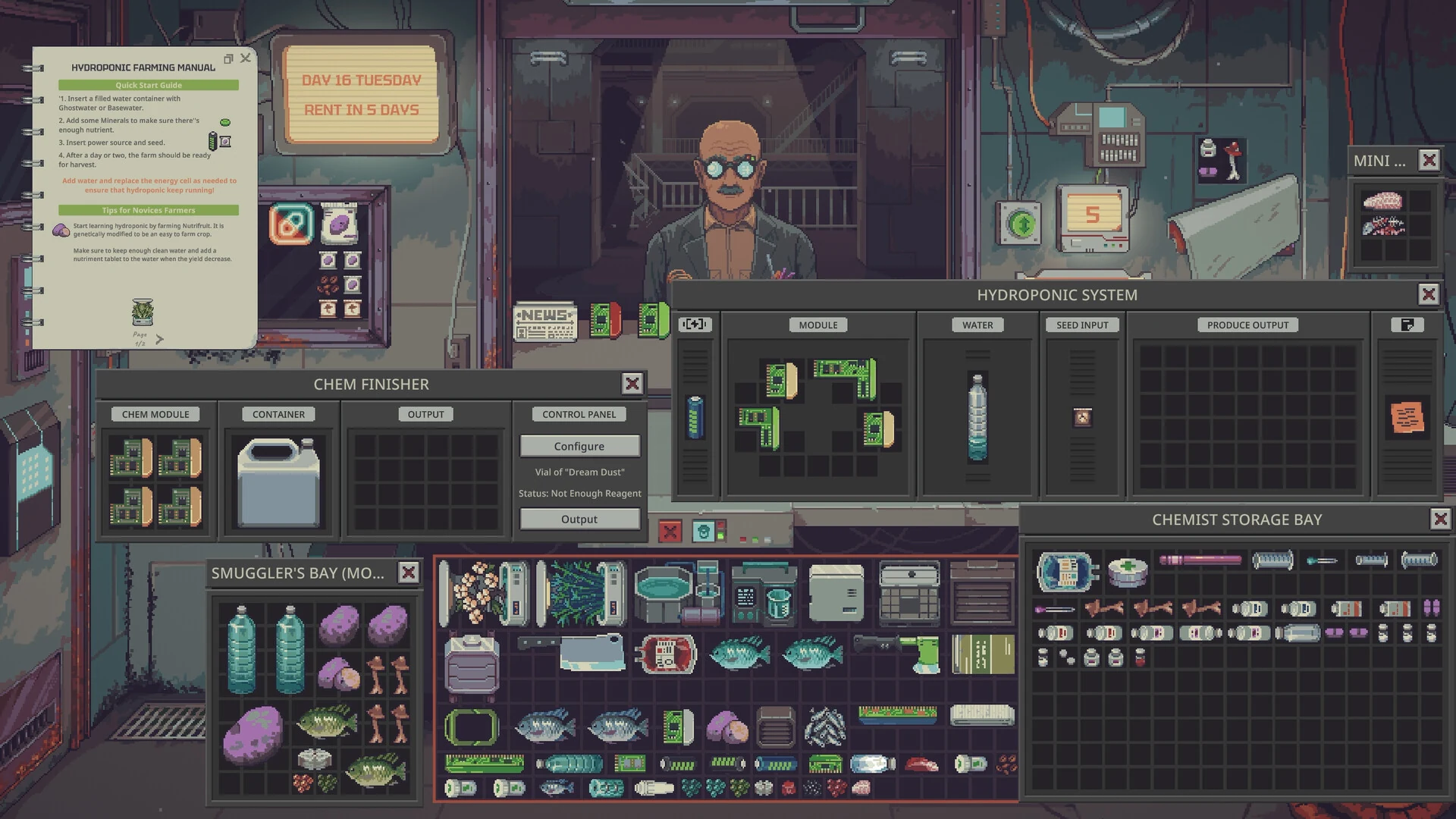 A chem finisher, a hydroponic system and a chemist storage bay are open on screen while a customer in goggles waits at the counter