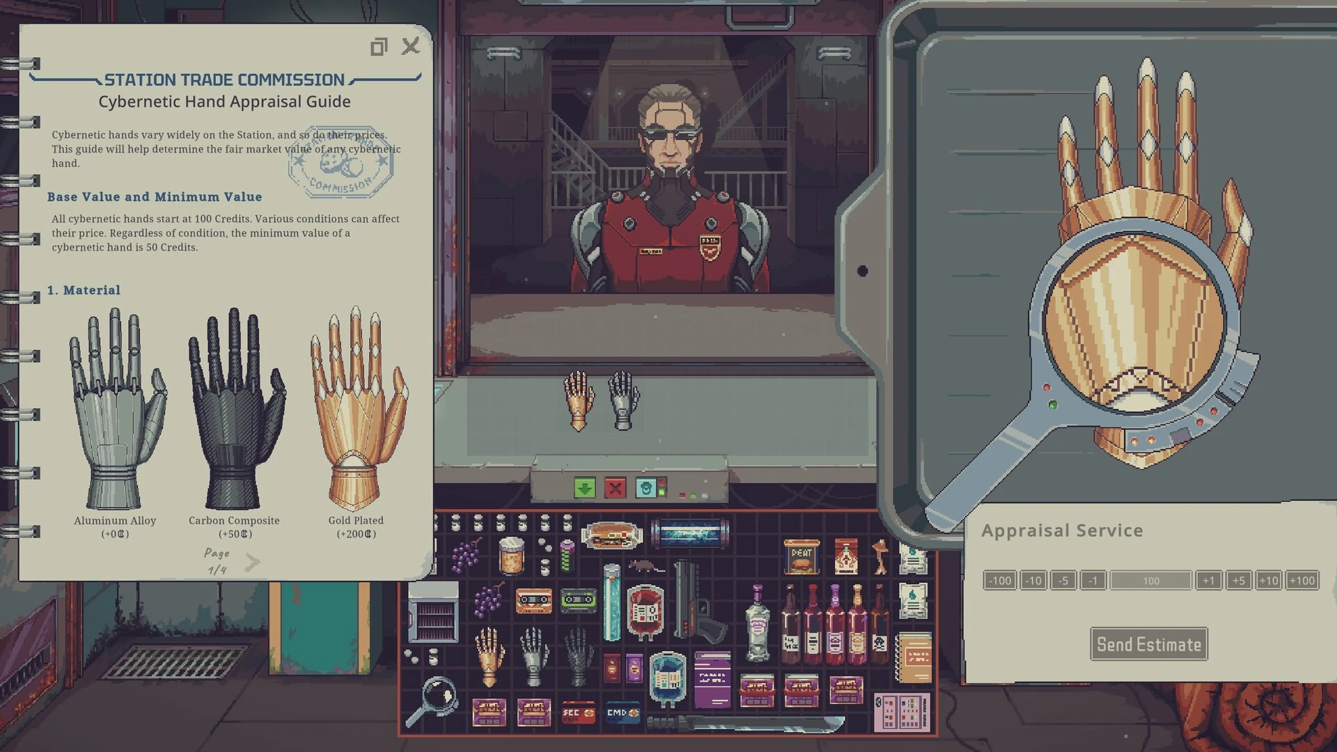 A magnifying glass inspects a gold cybernetic hand next to an appraisal guide that compares alloy, carbon and gold hands