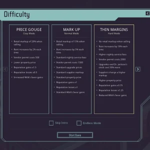 The difficulty screen shows three modes side by side, Price Gouge, Mark Up and Thin Margins, each with its list of rules