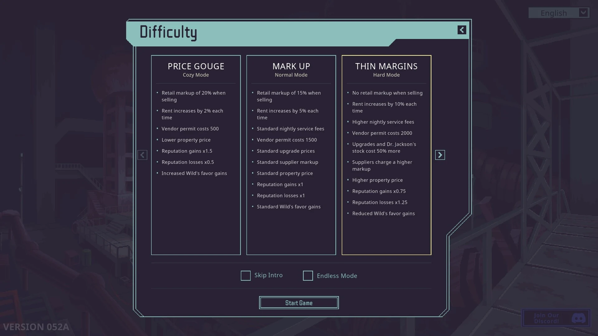 The difficulty screen shows three modes side by side, Price Gouge, Mark Up and Thin Margins, each with its list of rules
