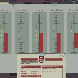 Reputation bars for Lower Levels, Upper Levels, Security, Black Market and Revolution above a Security Department record