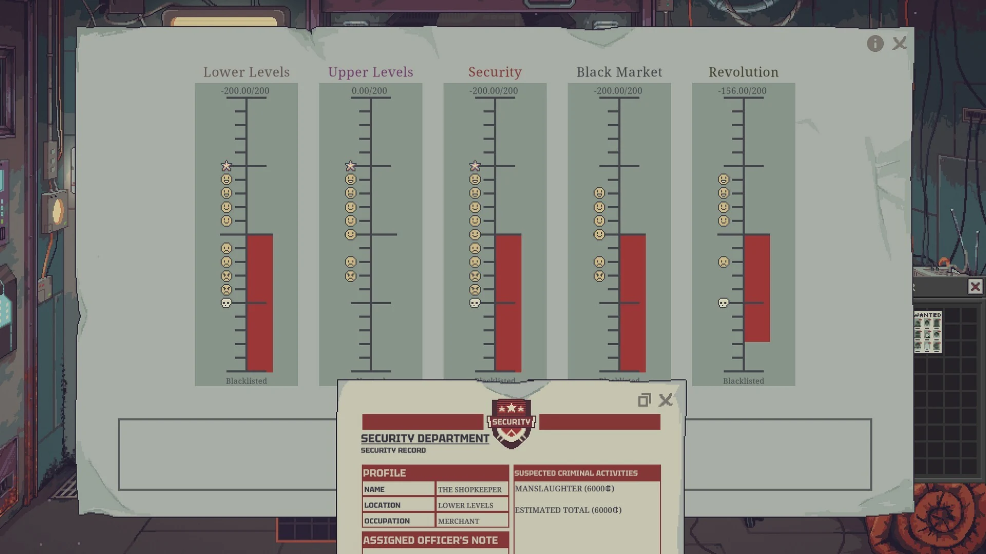 Reputation bars for Lower Levels, Upper Levels, Security, Black Market and Revolution above a Security Department record