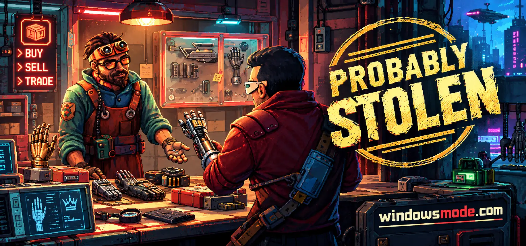 A pixel-art shopkeeper in goggles haggles over a robotic hand with a customer in a red jacket at a cyberpunk pawnshop counter, beside the Probably Stolen logo
