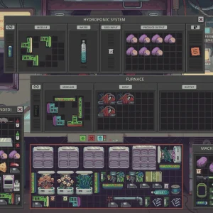 A hydroponic system growing purple crops, a furnace and several machine bays are open together over the shop