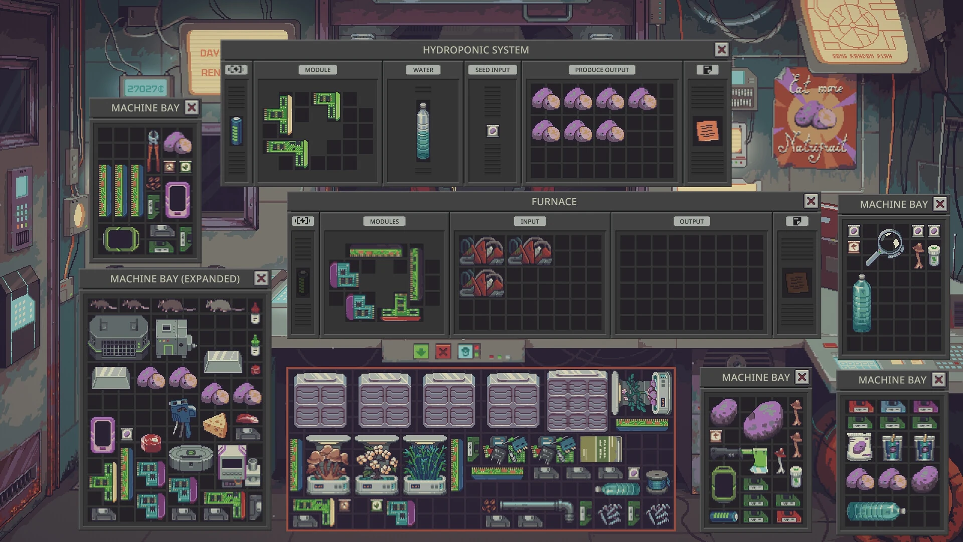 A hydroponic system growing purple crops, a furnace and several machine bays are open together over the shop