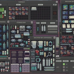 Many open windows show a furnace, machine bays, a storage bay and smuggler compartments packed with bottles, food and parts