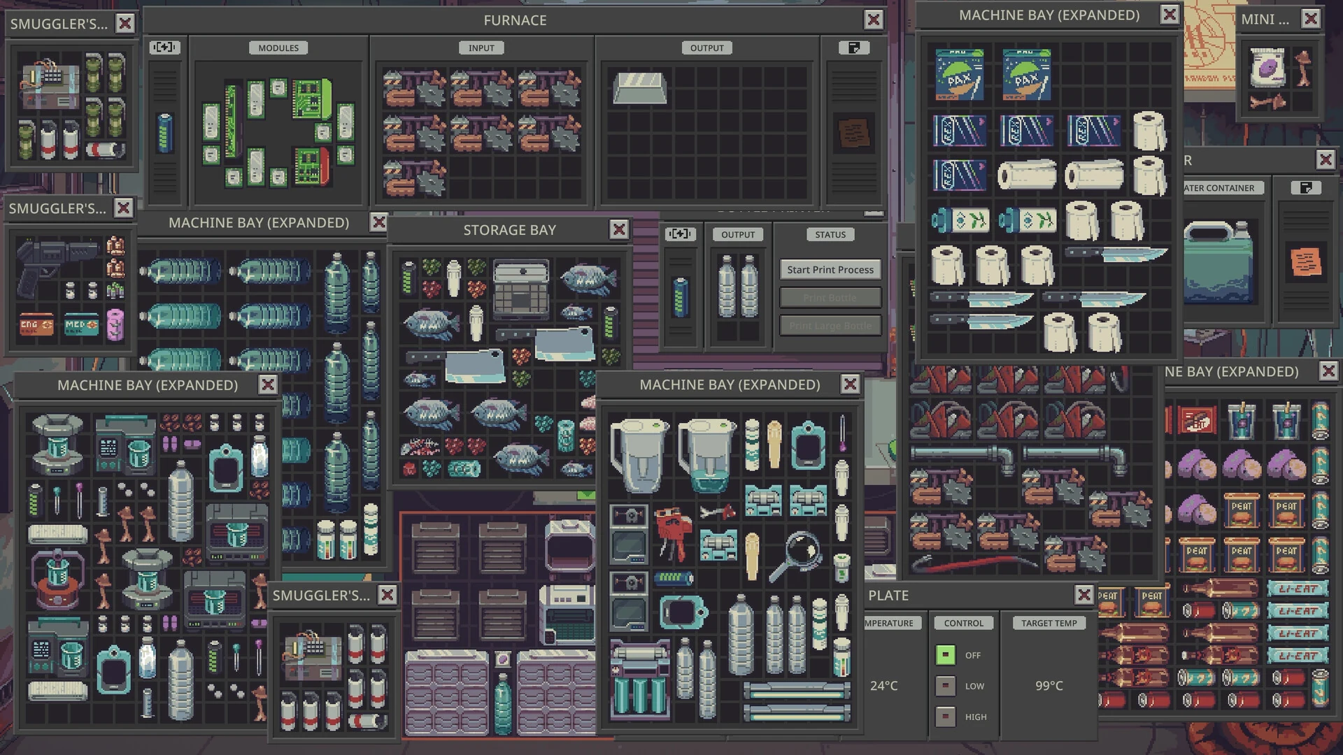 Many open windows show a furnace, machine bays, a storage bay and smuggler compartments packed with bottles, food and parts