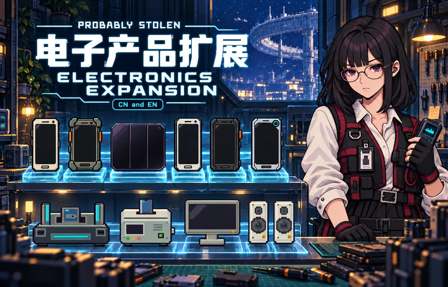 Electronics Expansion mod banner with a row of phones and gadgets on a repair bench beside a young woman holding a phone