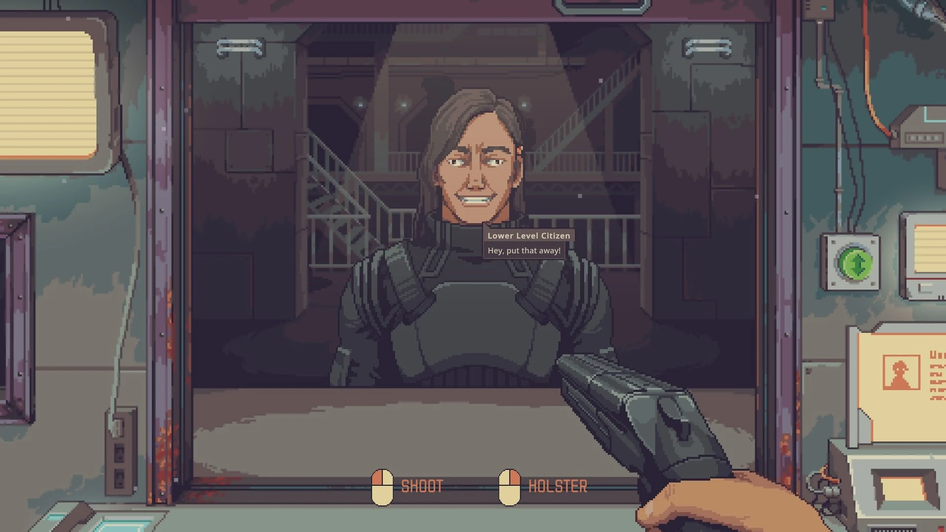 First-person view of the shopkeeper aiming a pistol at a smiling customer in black armor, with Shoot and Holster prompts at the bottom