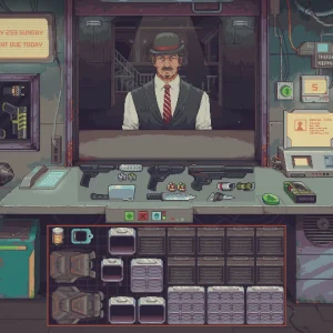 A customer in a vest and bowler hat stands at a mostly empty counter while the wall sign says rent is due today