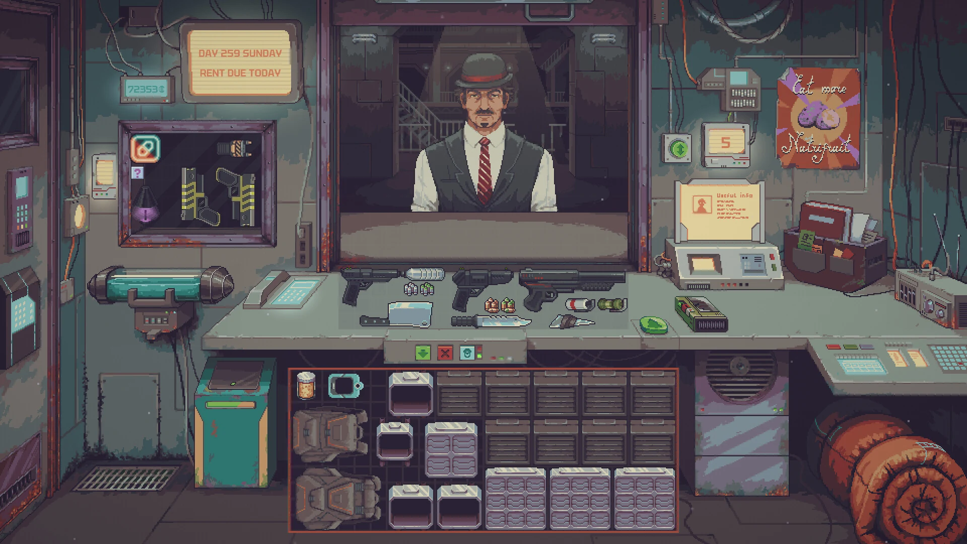 A customer in a vest and bowler hat stands at a mostly empty counter while the wall sign says rent is due today