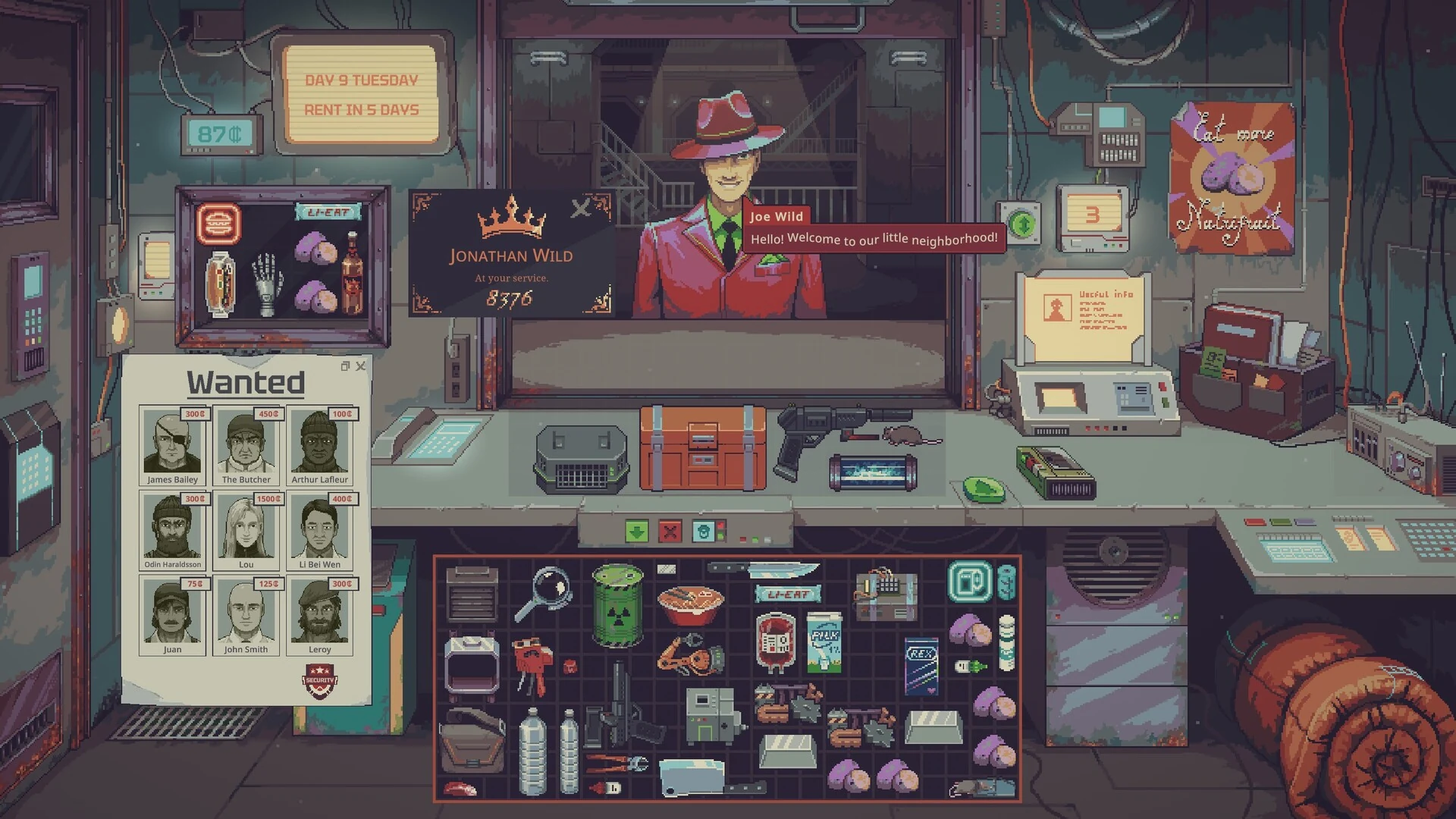A customer in a red suit and hat stands at the pawnshop counter while a Wanted board of criminal mugshots hangs on the left and stock fills the shelves below