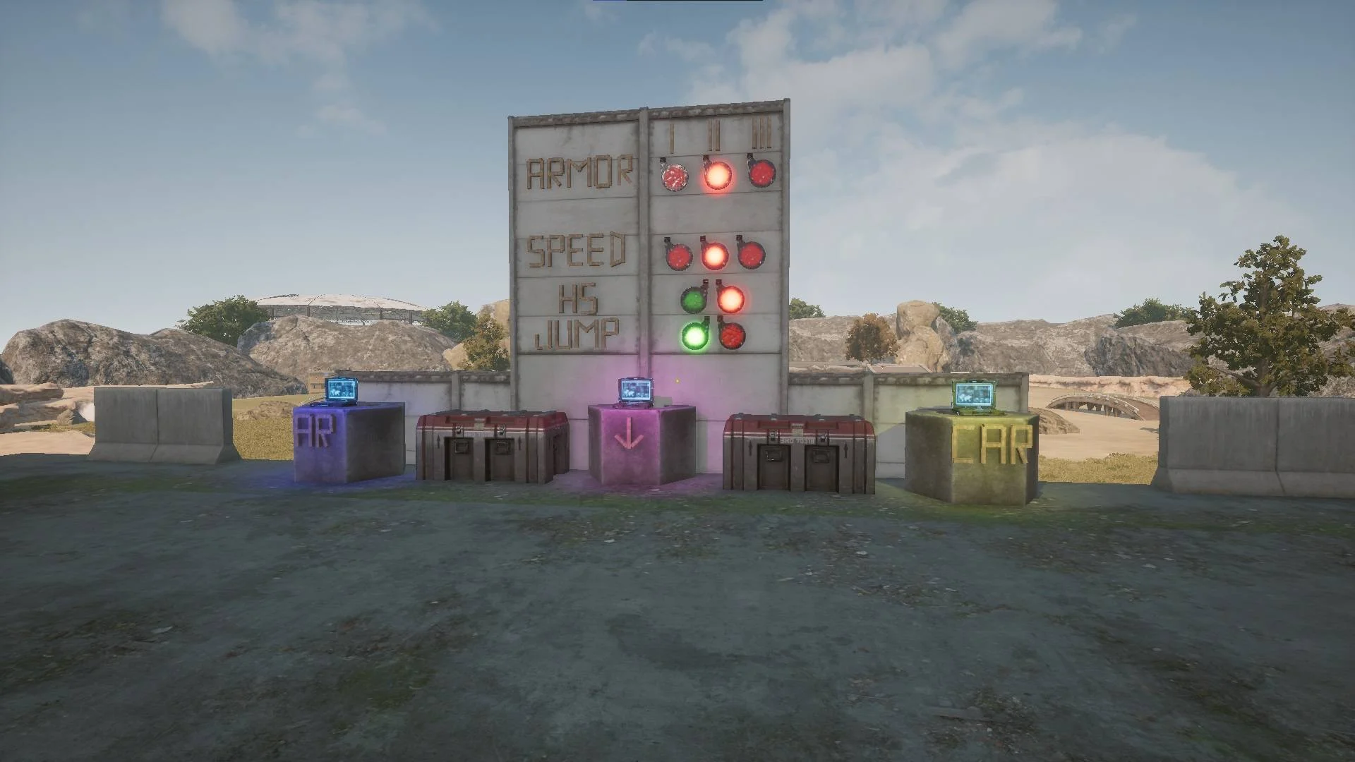 A row of colored item stations under a sign board labeled Armor, Speed, HS and Jump in a PUBG custom training map