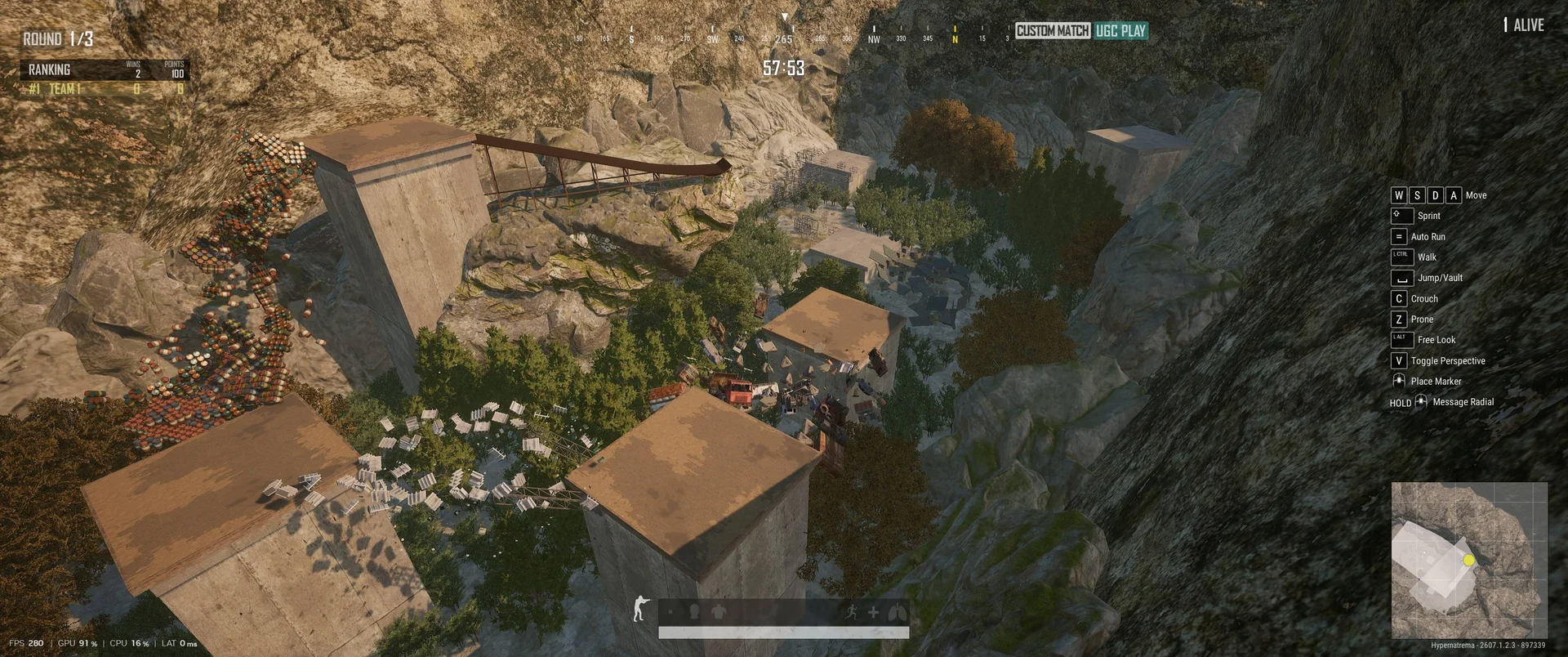Tall concrete pillars, a rusty ramp and piles of barrels and debris form an obstacle course in a canyon in a PUBG custom parkour mode