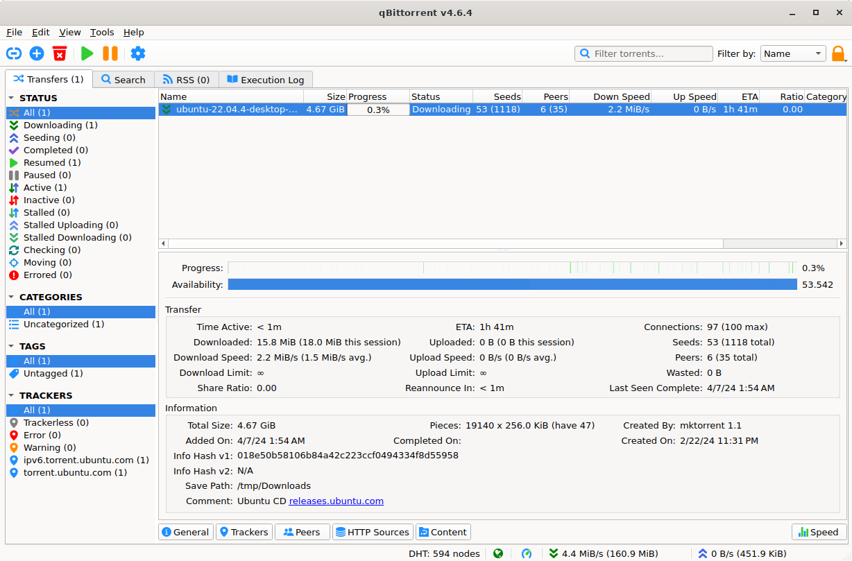 qBittorrent main window downloading an Ubuntu desktop image, with the status, categories and trackers filters on the left and the transfer details panel below