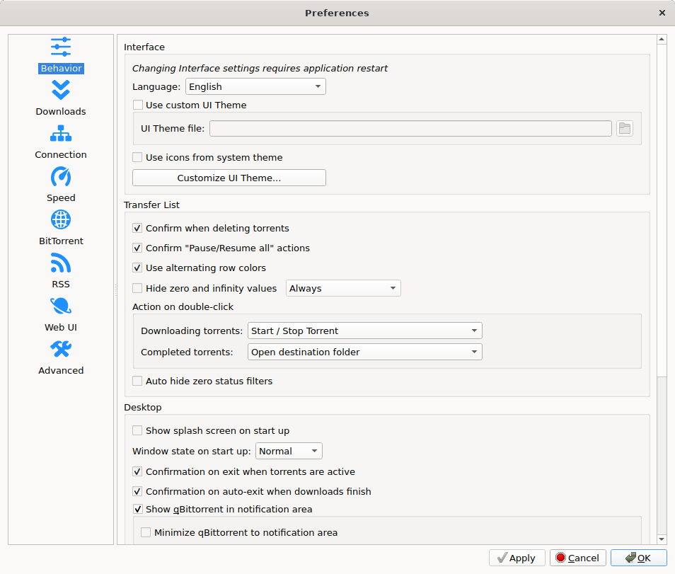 qBittorrent Preferences window on the Behavior page, with Downloads, Connection, Speed, BitTorrent, RSS, Web UI and Advanced listed down the left side