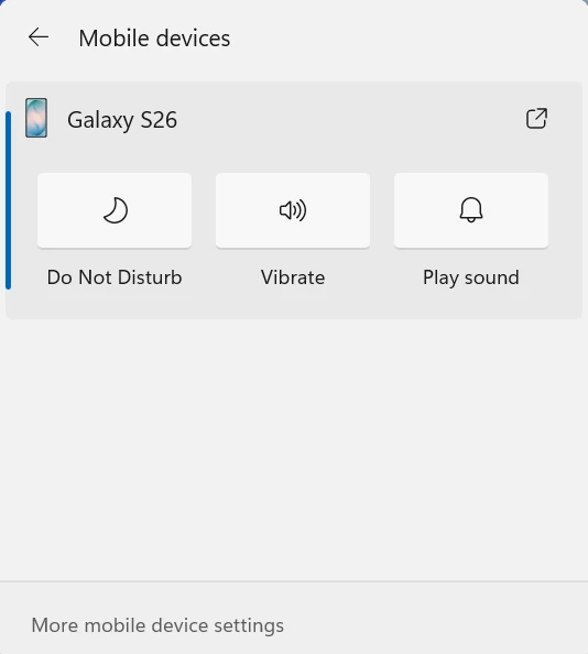Mobile devices panel in Windows 11 Quick Settings with Do Not Disturb, Vibrate and Play sound buttons for a connected Android phone