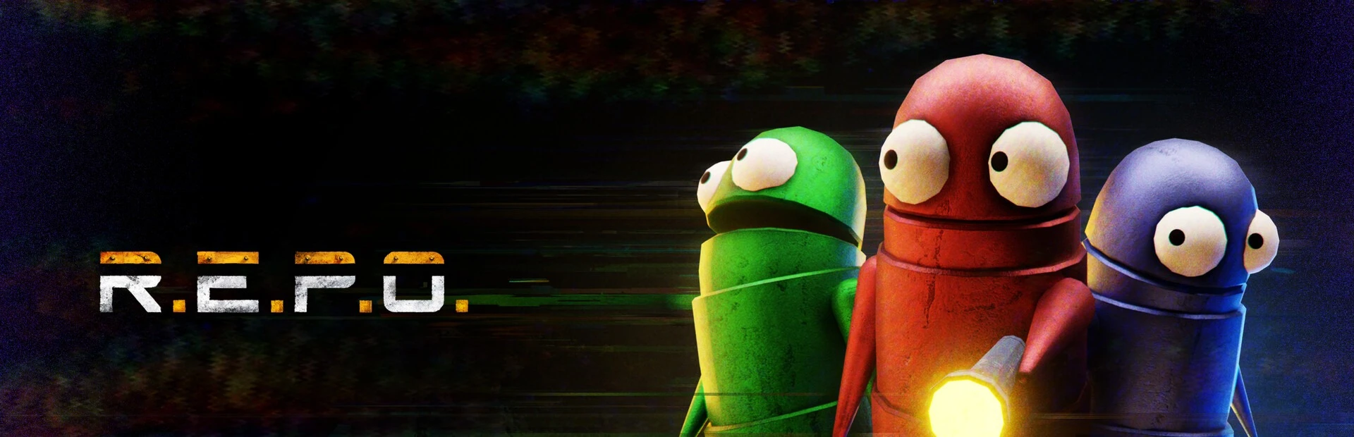 Three round robots in green, red and blue with big googly eyes peer out of the dark, the red one holding a flashlight, beside the R.E.P.O. logo