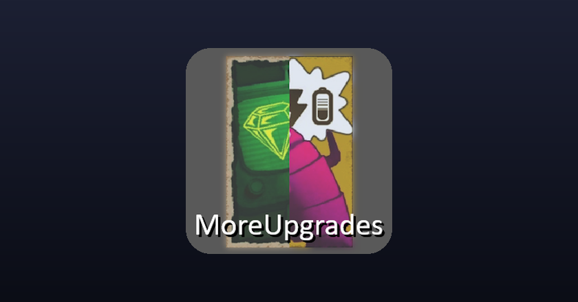 The MoreUpgrades mod icon, a split upgrade card with a green gem on one side and a battery on the other above the word MoreUpgrades