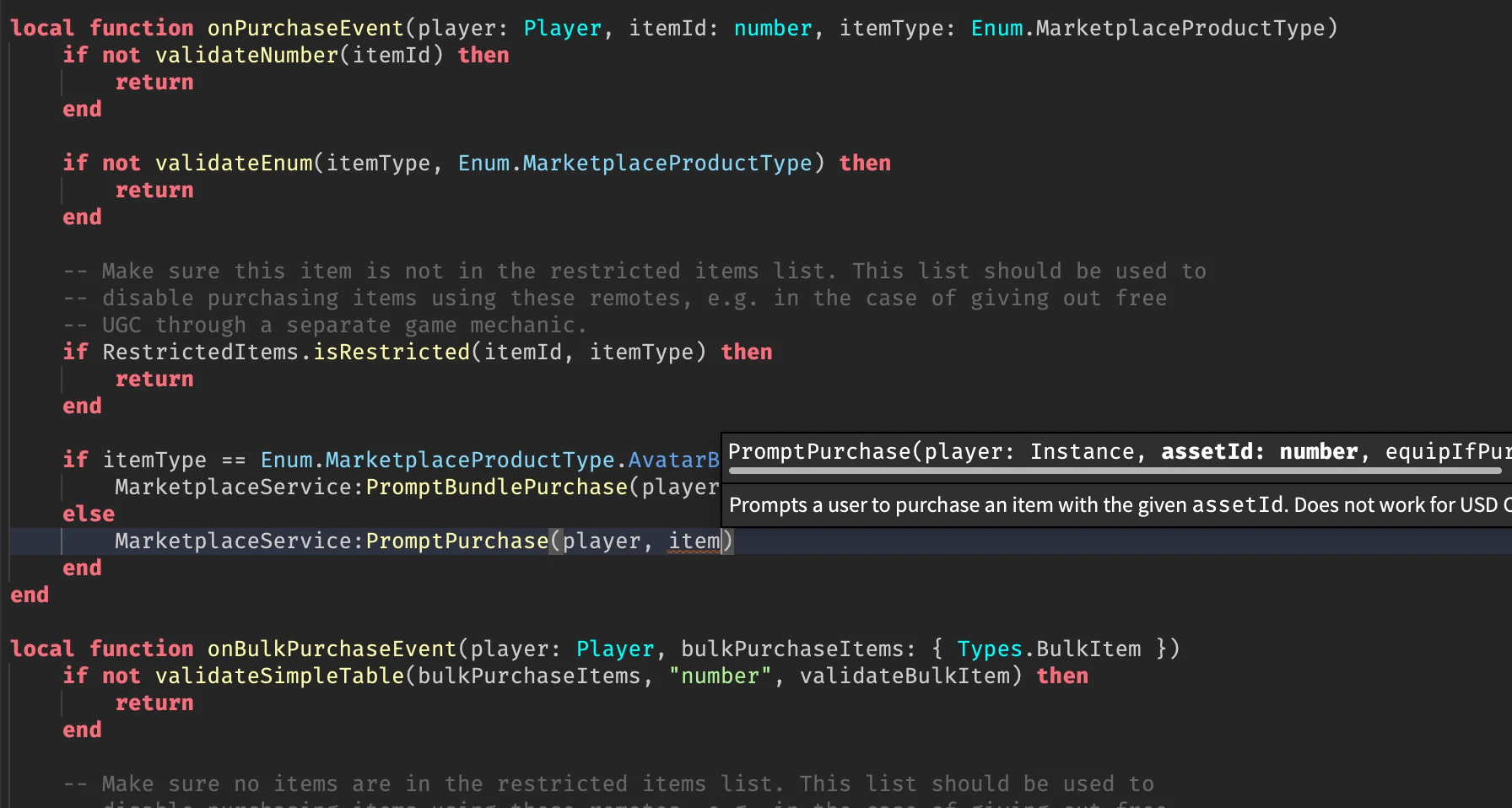 Luau code in the Roblox Studio script editor, with a tooltip explaining the PromptPurchase function