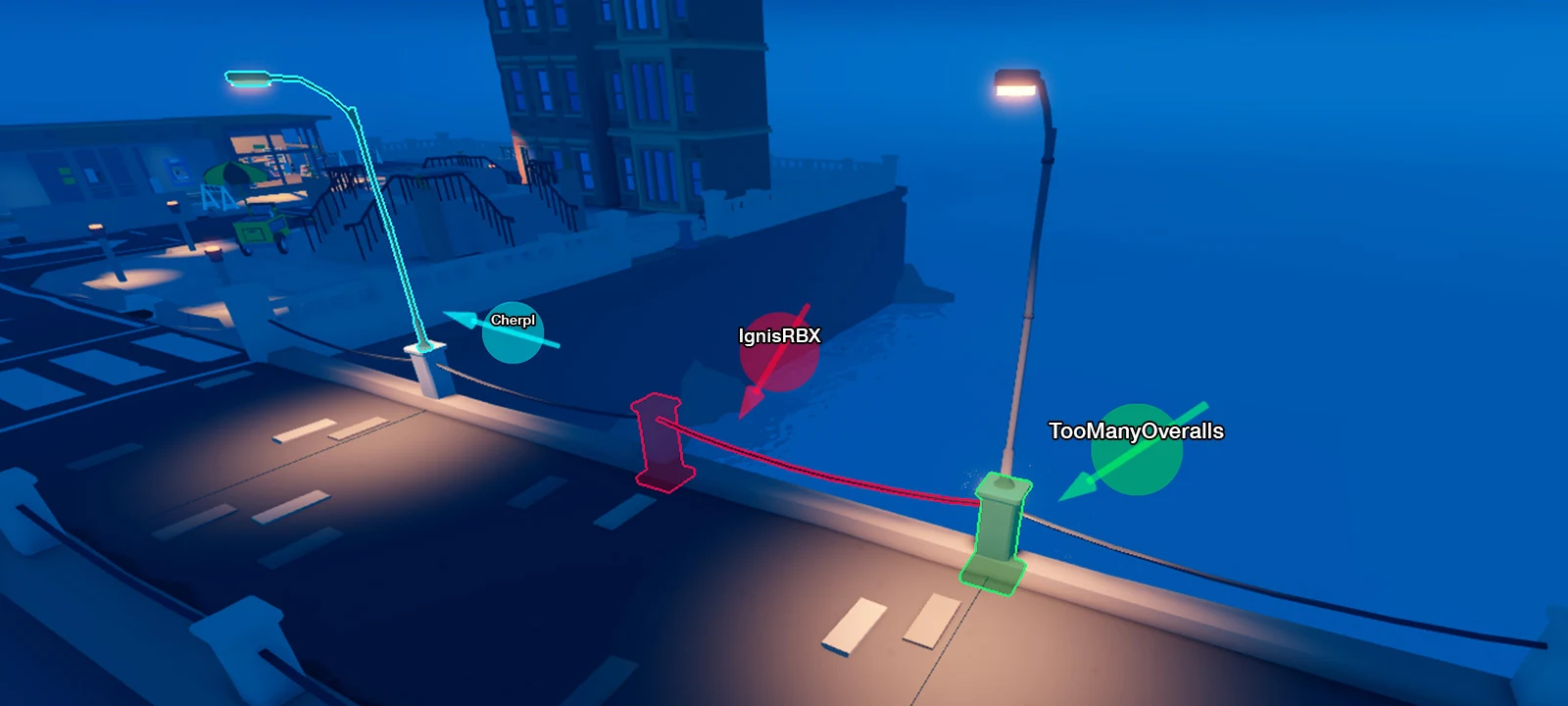 Three creators editing the same night street scene together in Roblox Studio, each shown by a colored name tag and arrow