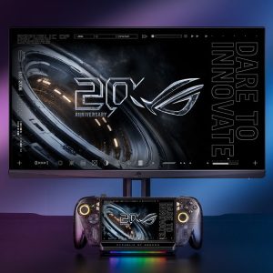 ROG Xbox Ally X20 docked in the ROG Bulwark Dock DG310 connected to a monitor