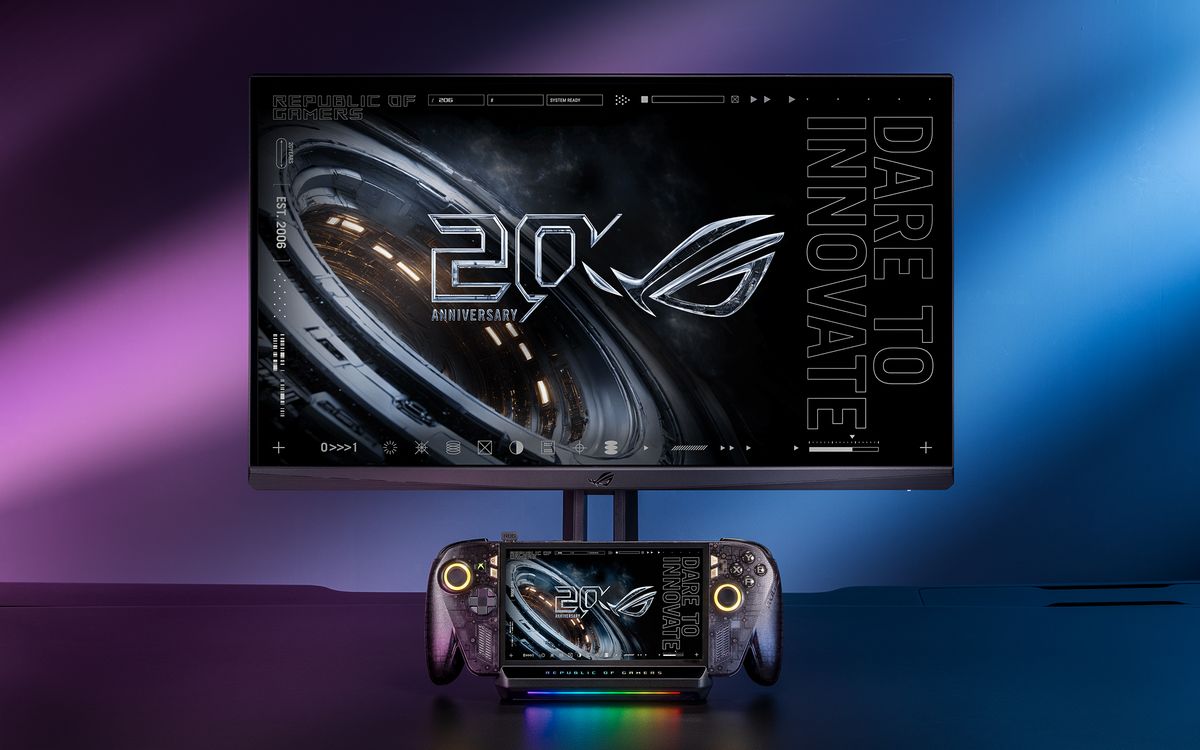 ROG Xbox Ally X20 docked in the ROG Bulwark Dock DG310 connected to a monitor