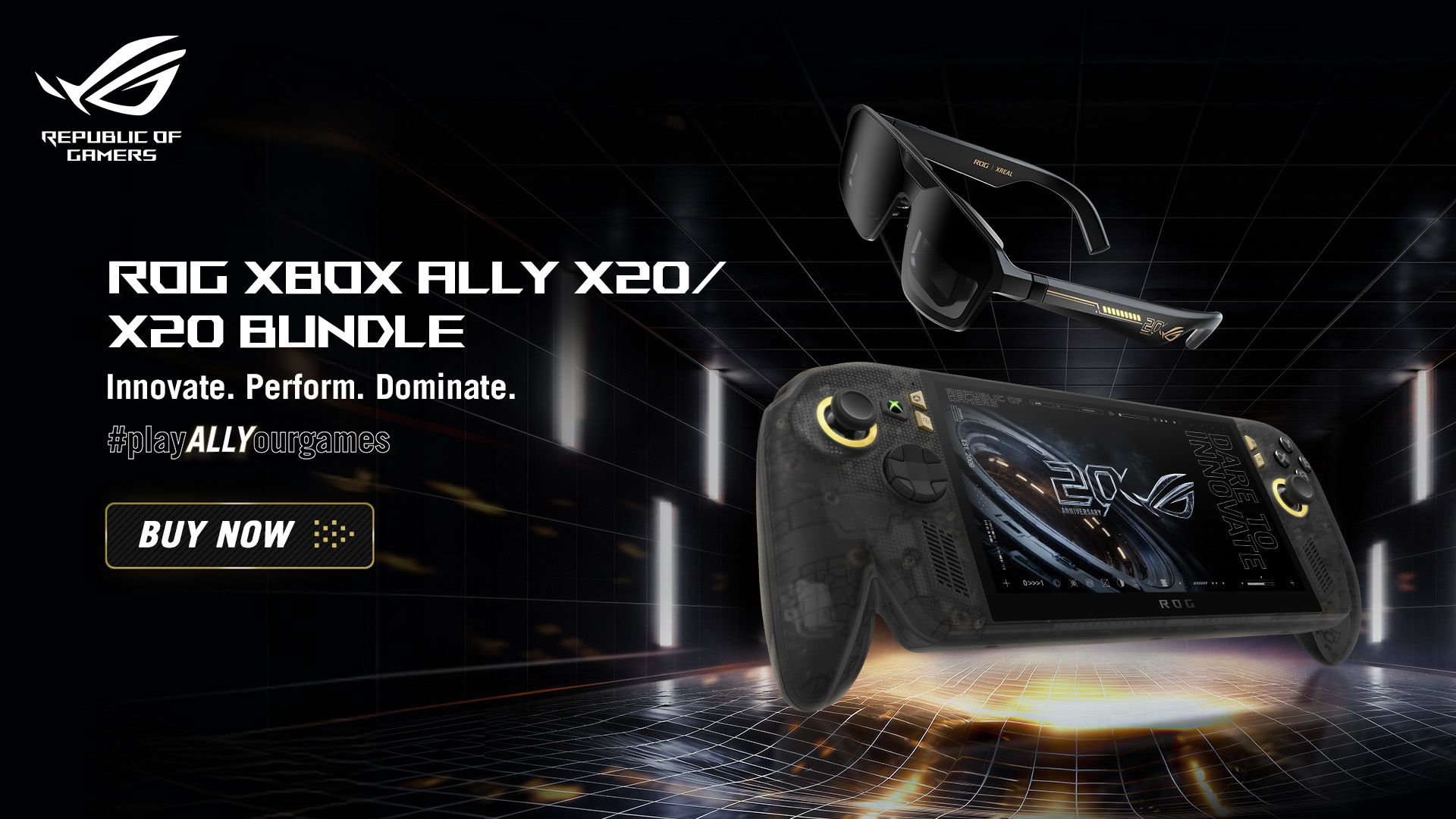 ROG Xbox Ally X20 handheld with ROG XREAL R1 Edition 20 AR glasses