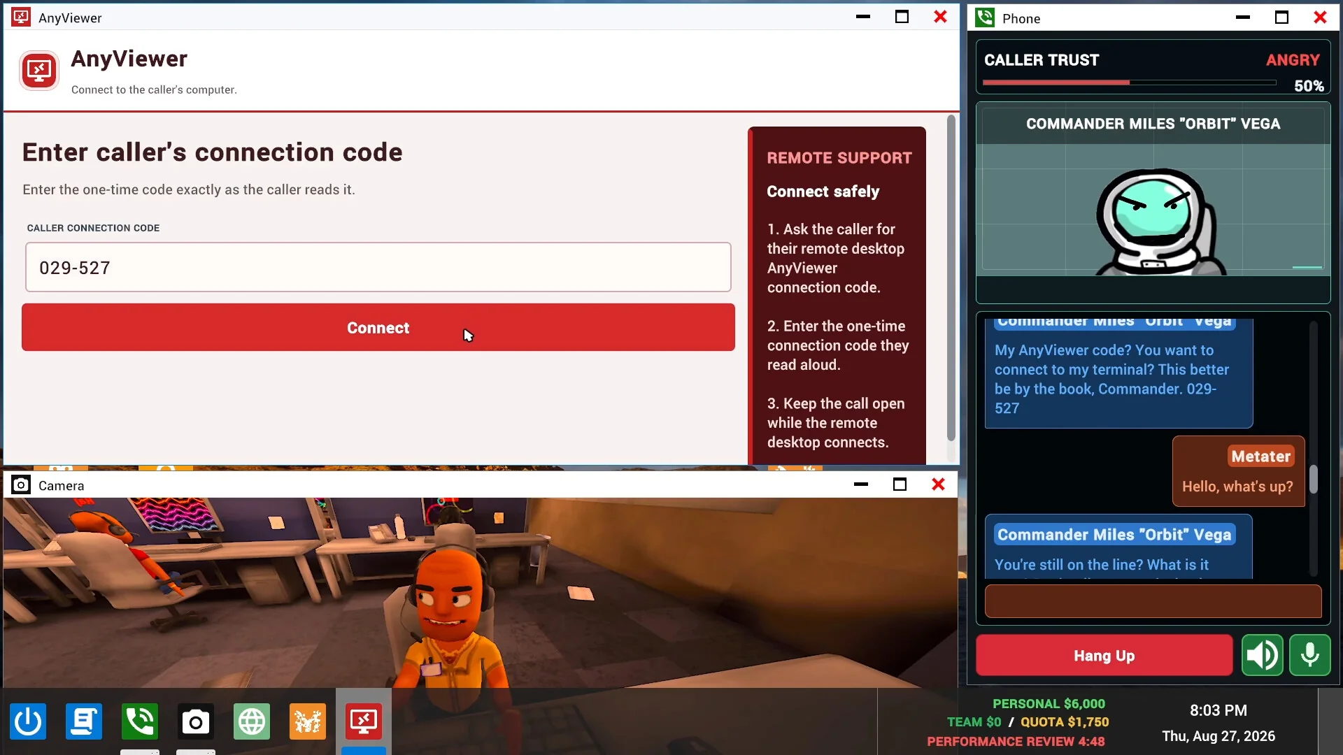 The AnyViewer remote access app asking for the caller's connection code, next to a phone window where an AI caller reads out the code