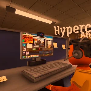 A player in a headset sits at a desk covered in sticky notes, one reading Stay Awake, in front of a computer