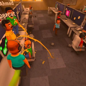 A top-down view of the call center floor with rows of desks and players walking between them