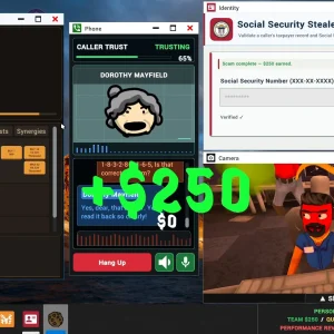 A player earns 250 dollars on a Social Security scam while a cookie clicker side game and a caller portrait fill the in-game desktop