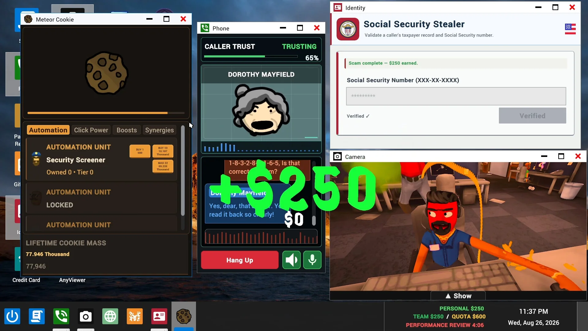 A player earns 250 dollars on a Social Security scam while a cookie clicker side game and a caller portrait fill the in-game desktop