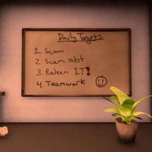 A whiteboard in the office with a handwritten list of daily targets, beside a potted plant and a fire extinguisher