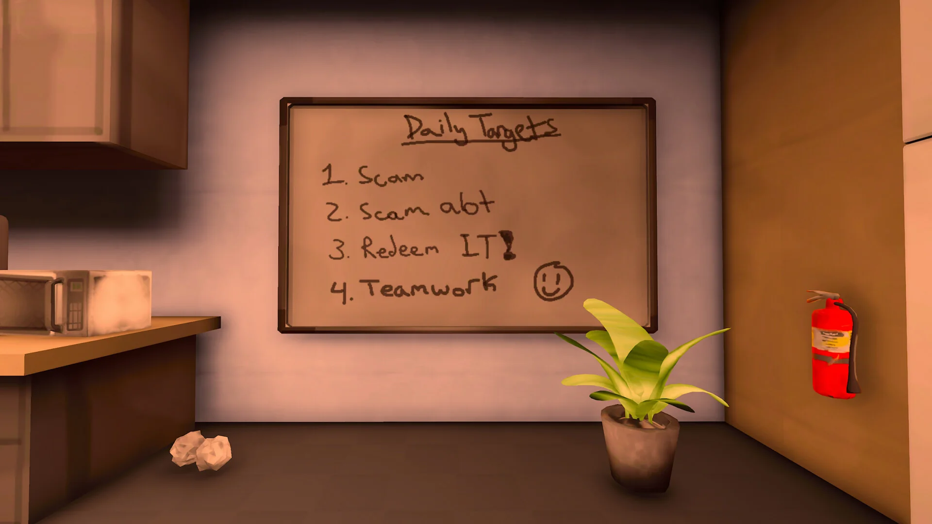 A whiteboard in the office with a handwritten list of daily targets, beside a potted plant and a fire extinguisher