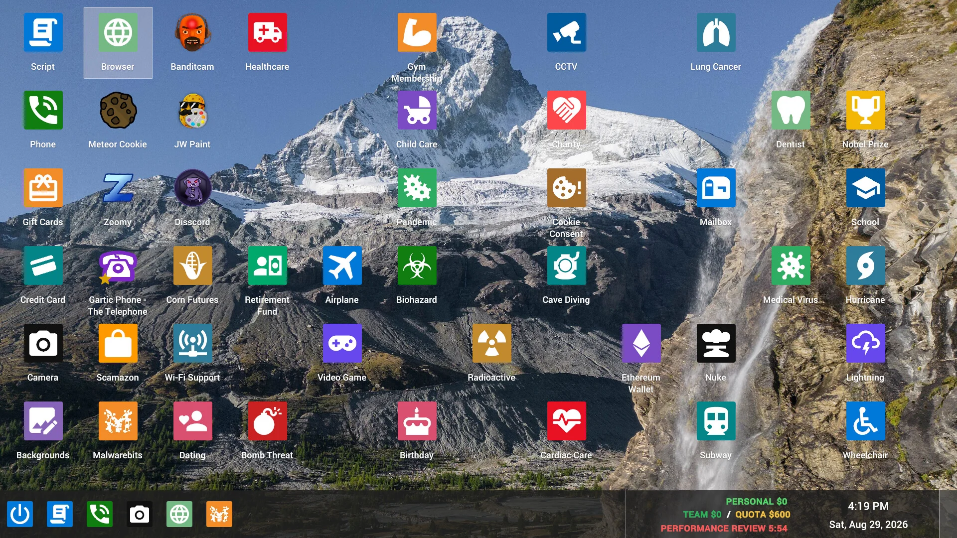 The in-game Kolkata OS desktop covered in scam app icons over a mountain wallpaper