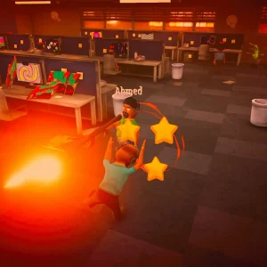 A player is knocked down in the call center as an explosion goes off, with stars spinning over their head