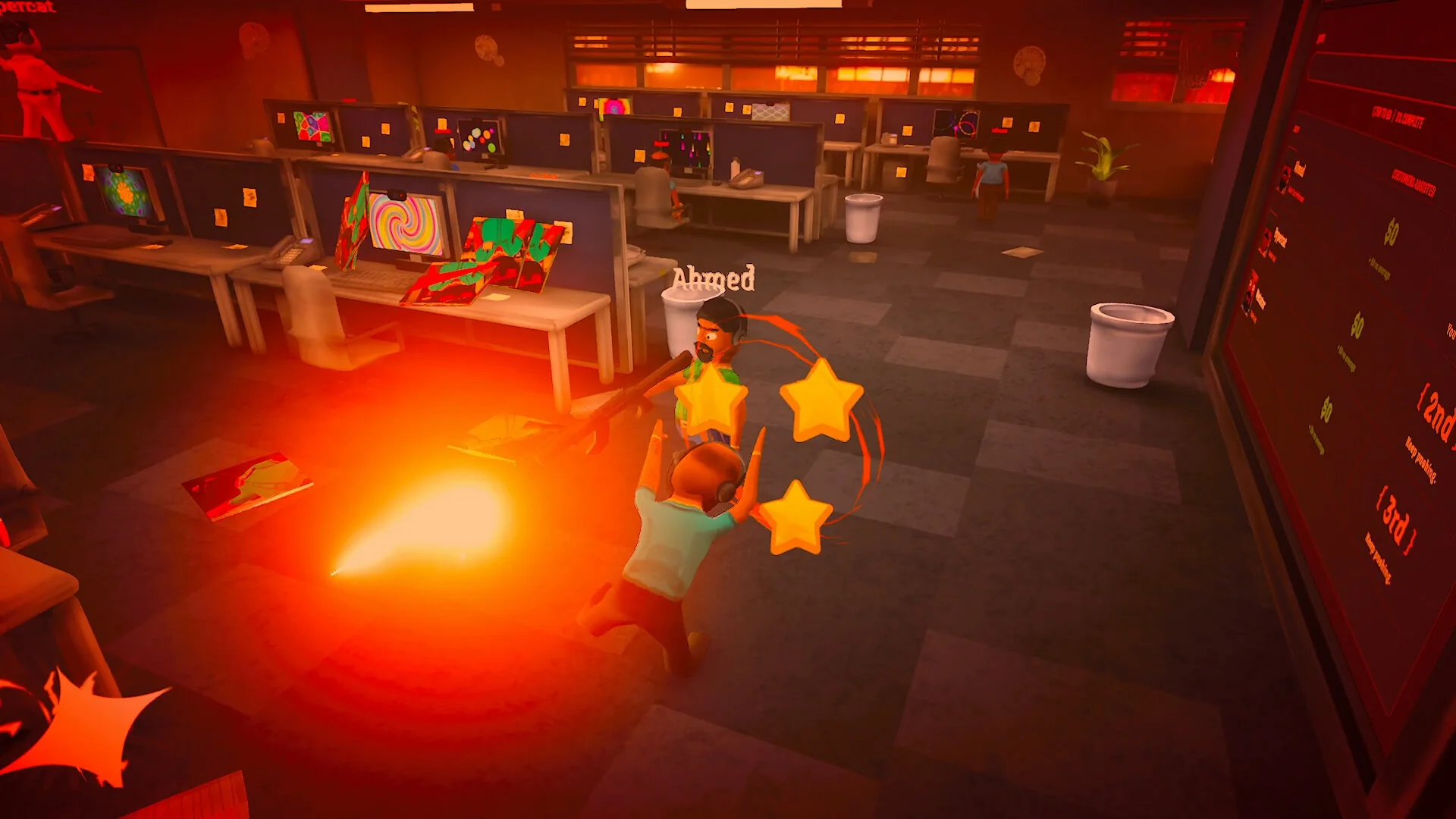 A player is knocked down in the call center as an explosion goes off, with stars spinning over their head