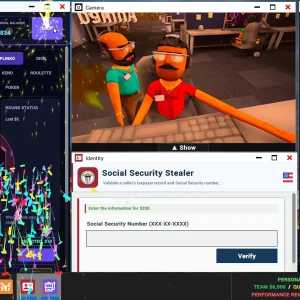 The Rainbit app shooting fireworks during a crypto investment round, next to a webcam window and an angry caller on the phone