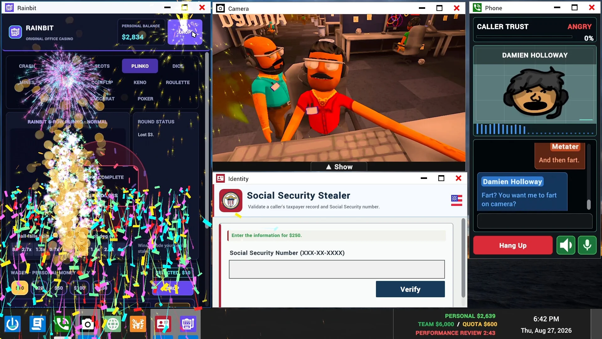 The Rainbit app shooting fireworks during a crypto investment round, next to a webcam window and an angry caller on the phone