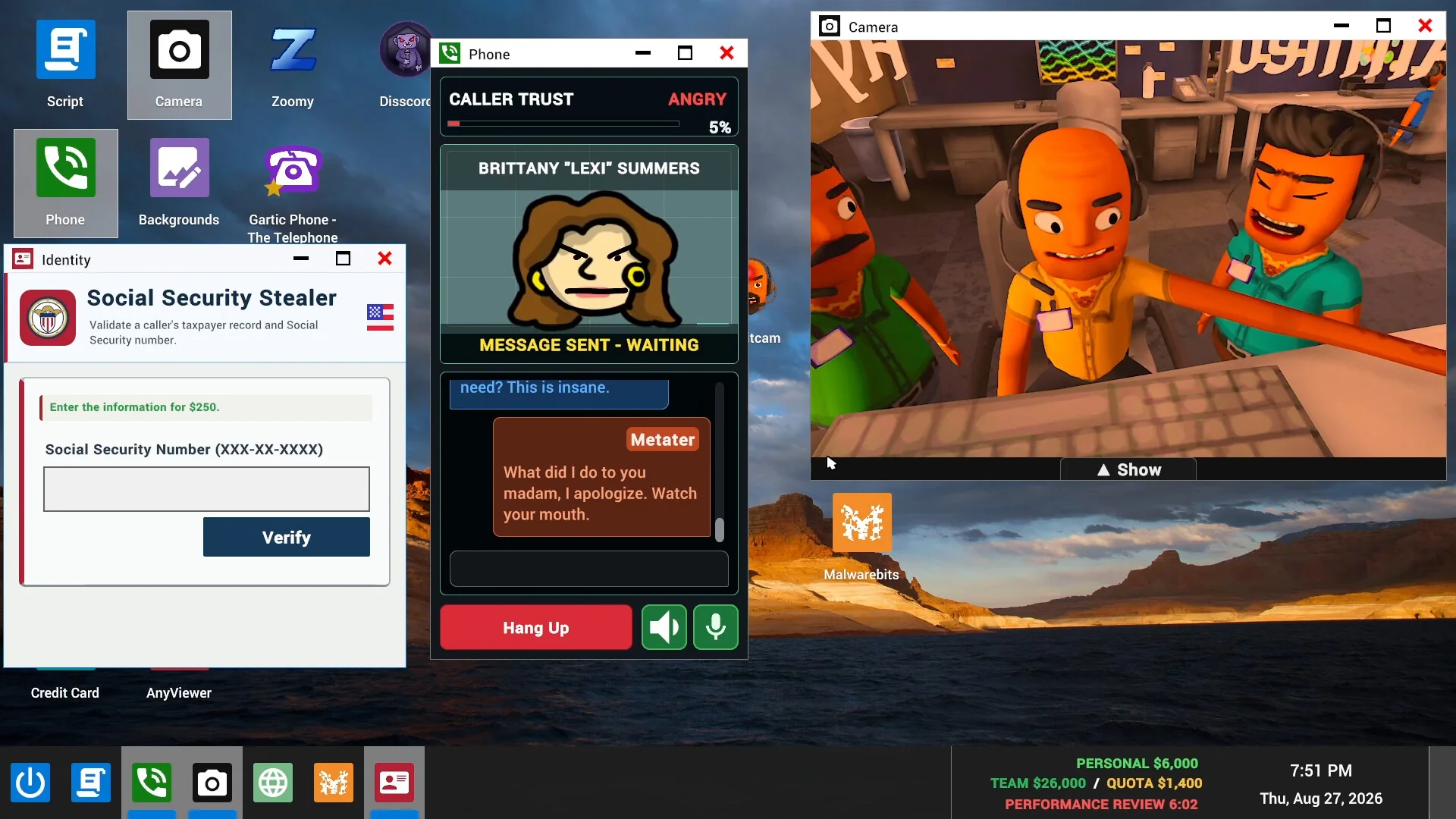 The in-game desktop during a call, with a Caller Trust meter reading angry, a typed reply to the caller, an identity form and a webcam window showing two players