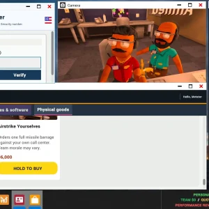 The Scamazon store offering an airstrike on rival scammers and an airstrike on your own team, next to a Social Security form and a caller marked trusting