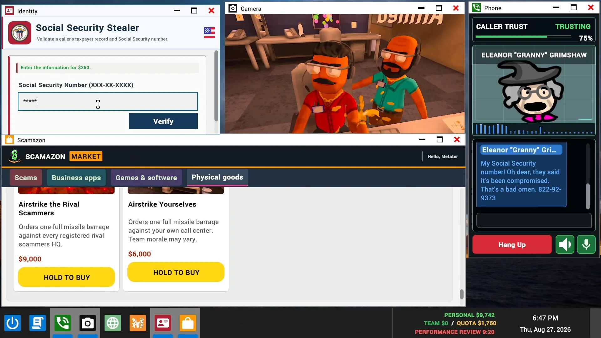 The Scamazon store offering an airstrike on rival scammers and an airstrike on your own team, next to a Social Security form and a caller marked trusting