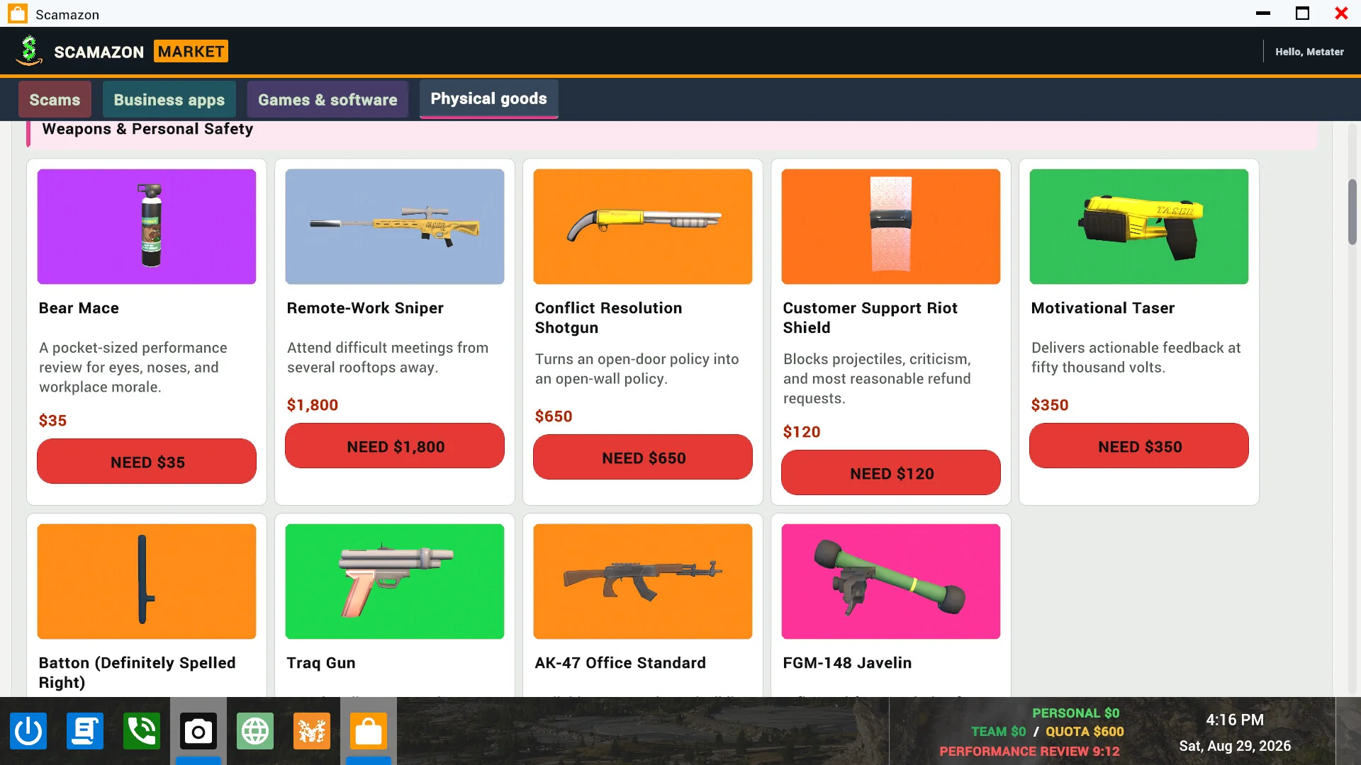 The in-game Scamazon shop selling joke office weapons such as Bear Mace, a Remote-Work Sniper, a Conflict Resolution Shotgun and a Motivational Taser